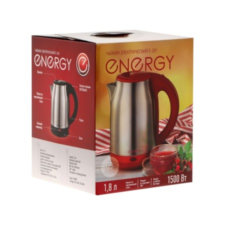Electric kettle Energy E-201, Metal, 1.8 L, 1500 W, silver-red-1