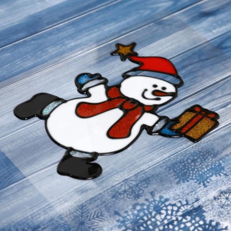 Glass sticker "Snowman with a gift" 10.5x12.5 cm-1