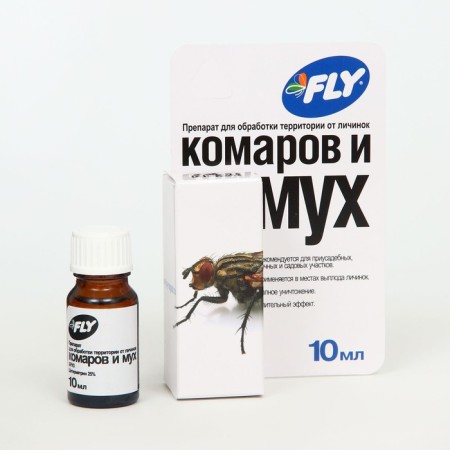 A means for processing the territory from the larvae of mosquitoes and flies "Fly", a bottle, 10 ml