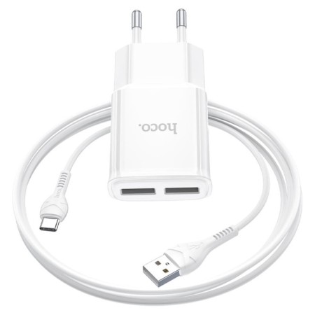 Network charger Hoco C88A, 2 USB, 2.4 A, Type -C - USB, 1 m, white cable