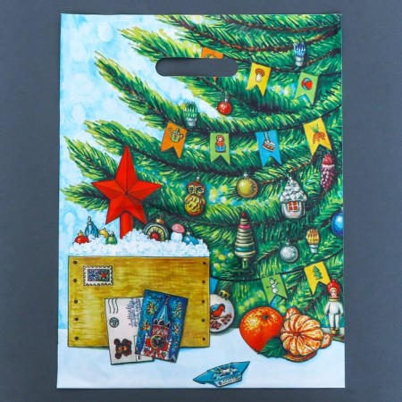 New Year. The package is "New Year's package", polyethylene gloss with a cut pen, 31x40 cm.