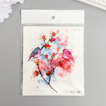 Tattoo on the body color "Birds on a pink bush" 12x10.5 cm-2