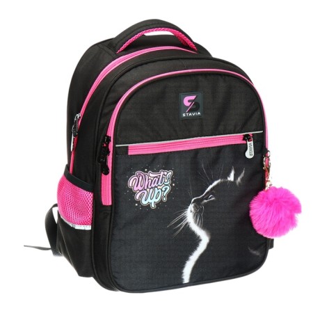 School backpack, 40 x 33 x 19 cm, ergonomic back, stavia "cat", black/pink-1