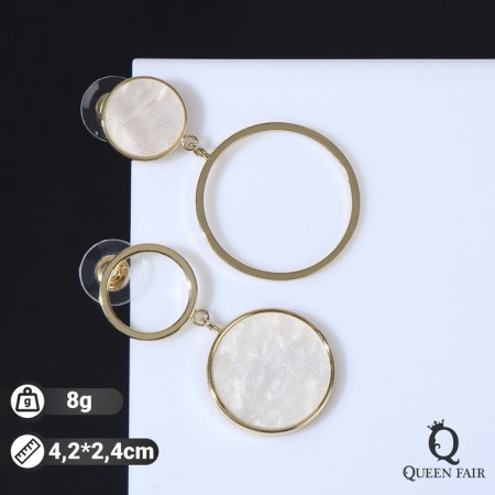 Earrings with mother -of -pearl "Magic" circle and ring, white color in gold