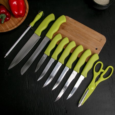 A set of kitchen knives on a stand, 8 knives, knife, scissors, green color-1