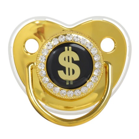 Set: Nipple - Orthodontic dummy with the holder "Dollar", with a cap, from 6 months, gold, rhinestones-2