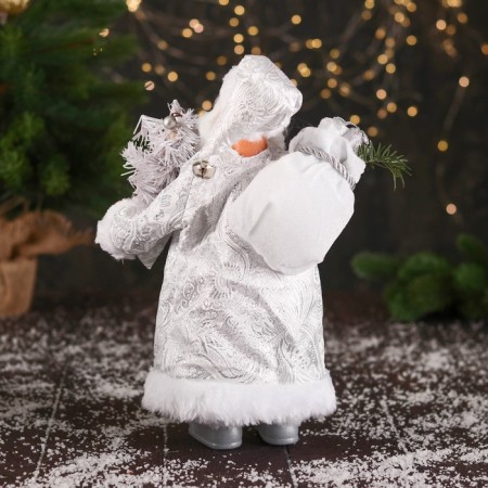 Santa Claus "in a high cap, in a strap and with a bag" 30 cm, silver-white-2