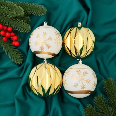 Set of balls plastic D-10 cm, 4 pcs "Festive patterns" of the edge, golden-white