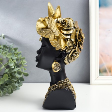 Souvenir Polystone Bust "African - a headdress from butterflies" Black with gold 13x10x28.5 cm-3