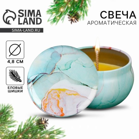 Aromatic candle in the Blue Marble Bank, fragrant spruce cones, 6 x 6 x 4 cm.