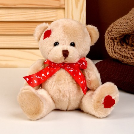 Soft toy "Bear", with a red bow, 16 cm, brown color-1