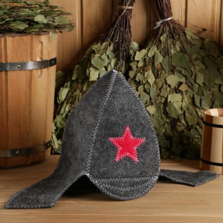 Set for the bath "Budenovets" gray: hat, rug, mitten-1