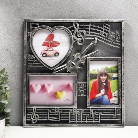 Photo frame plastic in 3 photos 10x15, 13x13 cm "Violin and notes" silver 34x32 cm