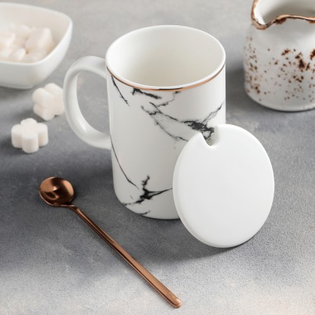 Ceramic mug with a lid and a spoon "Belluno", 450 ml, Mix drawing-1