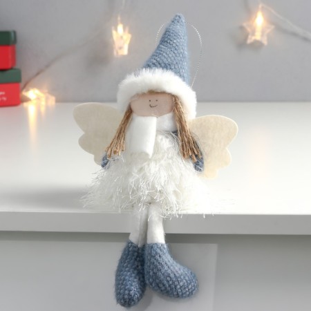 Interior doll "Angel in a fur coat made of grass, in a blue cap and boots" 30x15x5 cm
