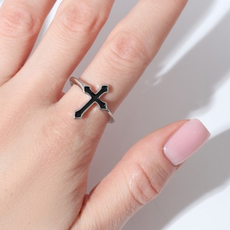 The ring "Cross" Gothic, the color is black in silver, dimensionless-2