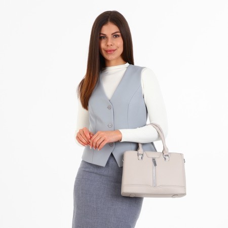 Bag Tout with zipper, external pocket, long belt, beige color-8