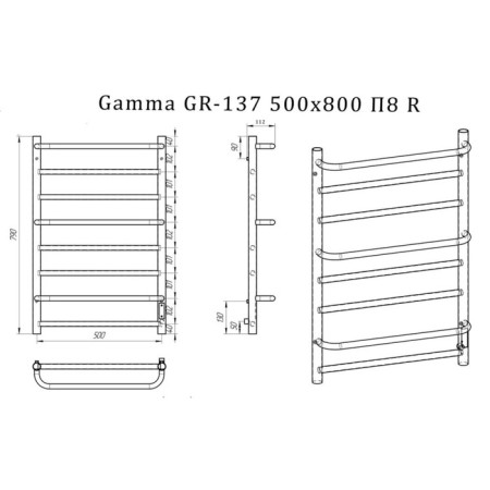 Electric towel Grois Gamma, 500x800 mm, 8 crossbars, lower rights, black-2