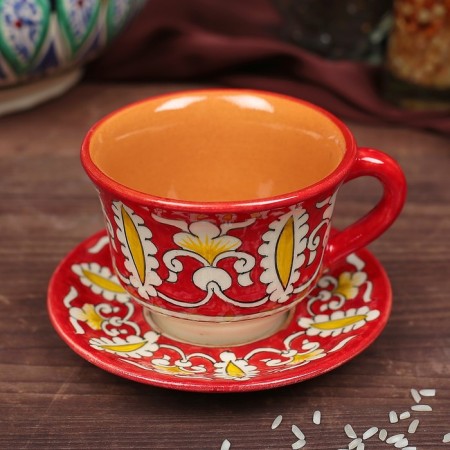 Tea couple Rishtan ceramics "Patterns", 100 ml, (plate 10cm, cup 7.5cm), red