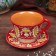 Tea couple Rishtan ceramics "Patterns", 100 ml, (plate 10cm, cup 7.5cm), red