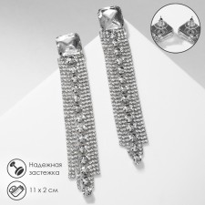 Hanging earrings with Hollywood rhinestones, white color in silver, 11 cm