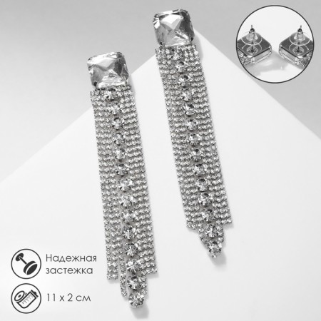 Hanging earrings with Hollywood rhinestones, white color in silver, 11 cm