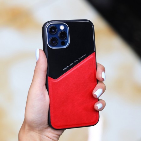 Luazon cover for iPhone 12/12 Pro, Magsafe support, glass and leather insert, red-3