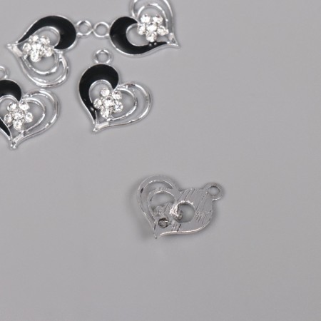 Decor for creativity metal, rhinestones "Heart with flower" silver, black 2x1.7x0.3 cm-1