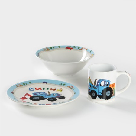 A set of children's dishes from ceramics “Blue Tractor”, 3 objects: 240 ml mug, bowl d = 18 cm, plate d = 19 cm-1