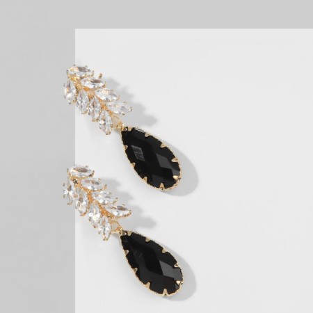 Earrings with rhinestones "Eden" bunch, black and white color in gold-1