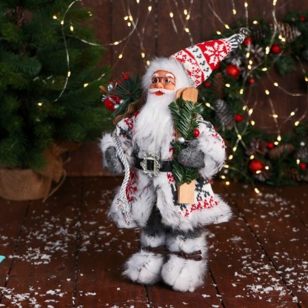 Santa Claus "In a suit with ornaments, skiing and twigs" 31 cm, red-white-3