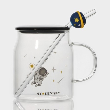 Glass mug with a ceramic lid and tube "Cosmos", 500 ml, color mix-10