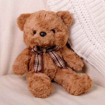 Soft toy "Bear" with a checkered bow, 30 cm, brown color-1