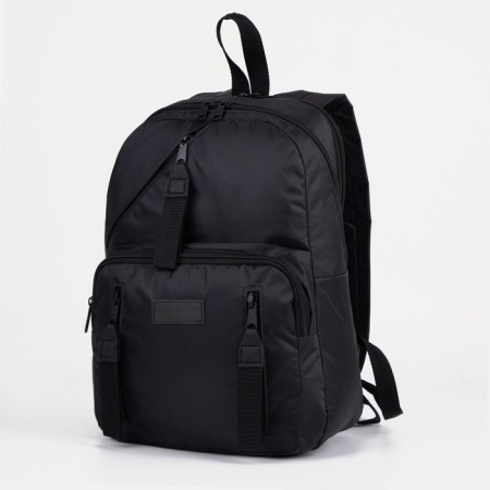 A backpack with a zipper, "saxi", outer pocket, black color