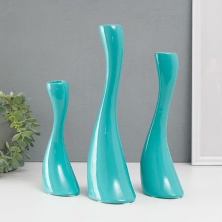 Ceramics candlestick for 1 candle "wave" d = 2.5 cm, turquoise, set 3 pcs h = 20, 25 and 30 cm-4