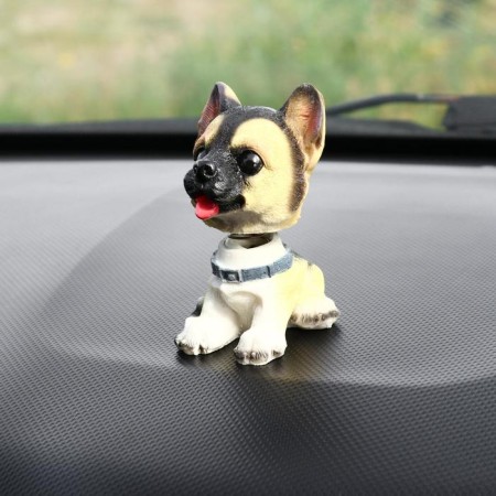 Dog on a car panel shocking his head, mini, shepherd