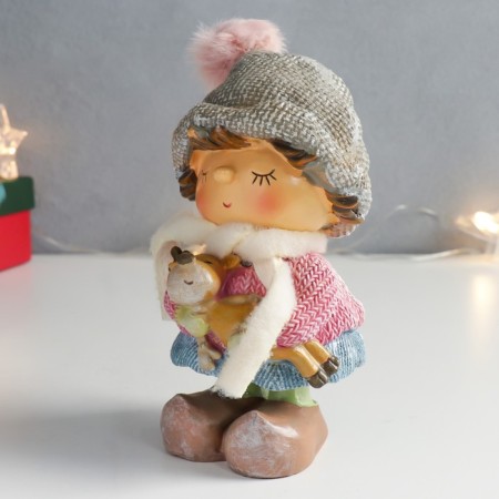 Souvenir Polystone "Girl in a gray hat with a sleeping deer in her hands" 8.5x9x16.5 cm-3