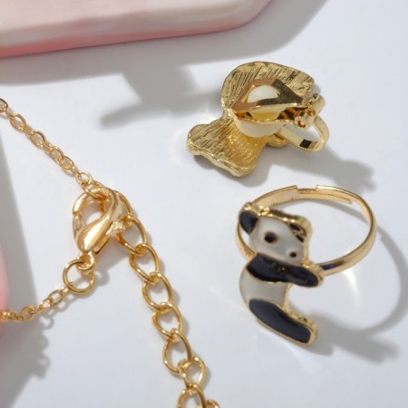 Set "Chosulka" 3 subjects: clips, pendant, ring, pandas, black and white color in gold-1