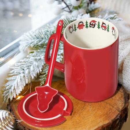 Ceramic mug with a spoon and lid "Penguins", 400 ml, red color-2