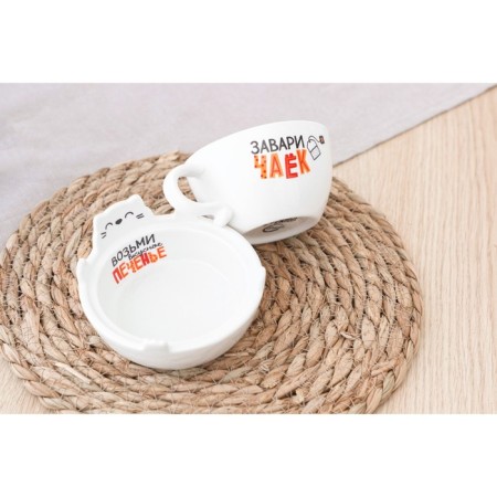 Ceramic set for tea drinking gulls, a mug of 150 ml, a bowl of 10x3 cm, white color-5