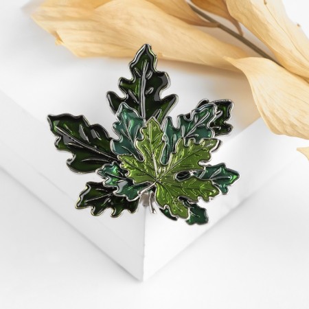 Brooch "Leaves" three maples, green color in silver-2