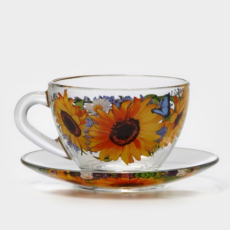 Tea couple "Sunflower", glass, cup+saucer, 200 ml, d = 92 mm