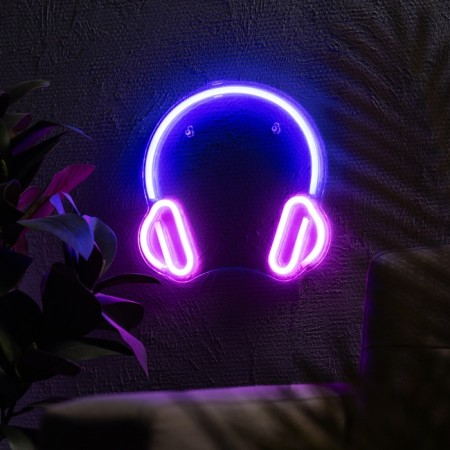 Neon sign "Headphones", 27x27 cm, USB, pink-blue