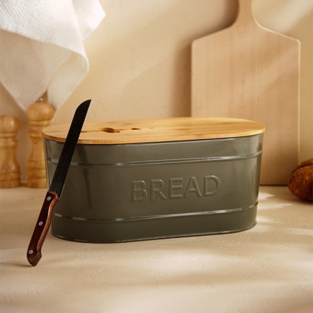 Metal breadstone with a bamboo lid SL Home “CACE”, 2 items: Bread 36 × 20 × 15.5 cm, knife length 28.3 cm-8