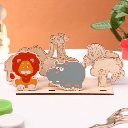 Wooden volumetric coloring "Safari", 7 figures, stand