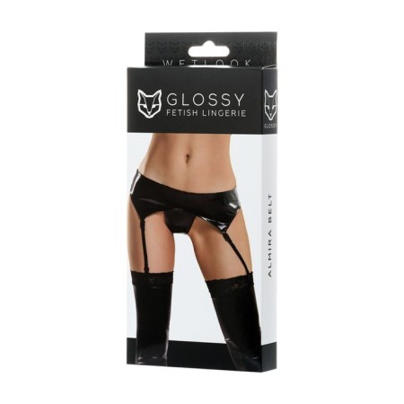 Glossy Almira set from Wetlook material (belt with states for stockings and panties) black, l-3