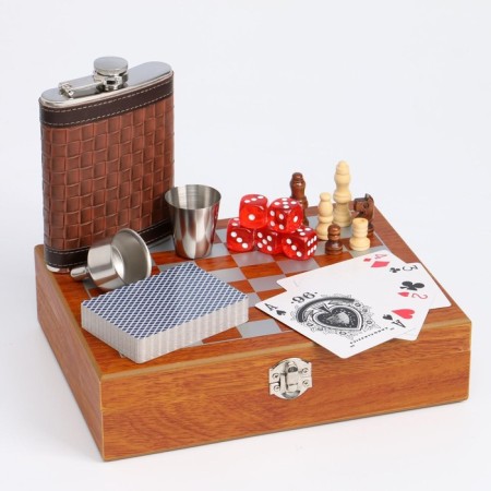 Set 6 in 1: Flaw 8 OZ, glass, funnel, cubes 5 pcs, cards, chess, 18 x 24 cm, mix-1