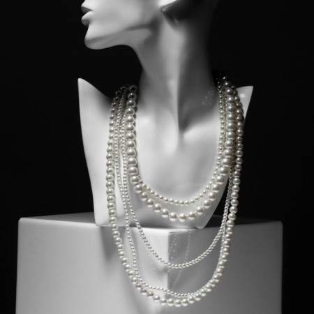 Beads "Pearl cascade", 5 threads, beads No. 4, 6, 8, 10, milk color in silver, 70 cm