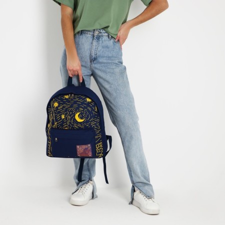 Backpack school textile art, with an overflowing patch, the color of the dark blue-5