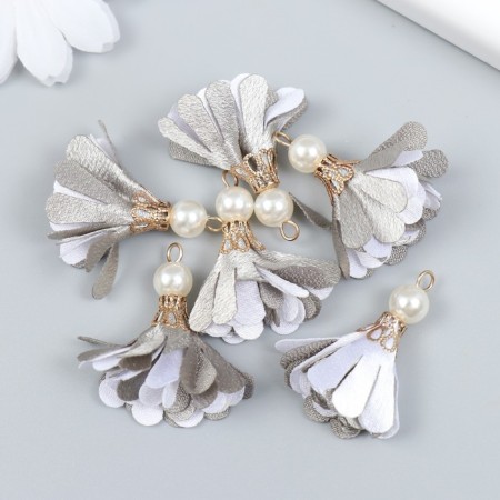 Decor Textile "Flower 2 colors with pearls. Gray and white" set 6 pcs 3 cm-2